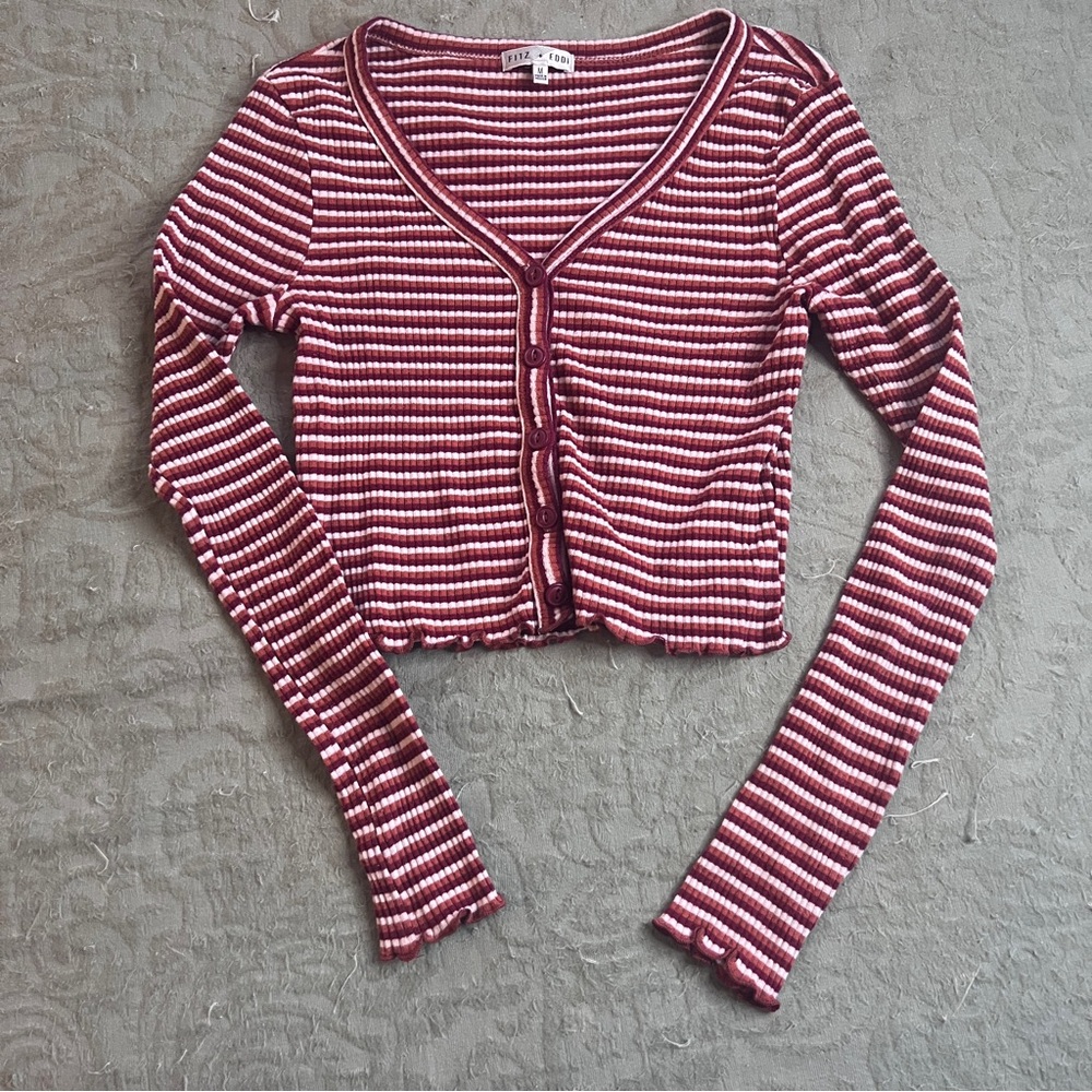 Fitz + Eddi Burgundy Striped Button-Down Long Sleeve Crop Top Size M Y2K